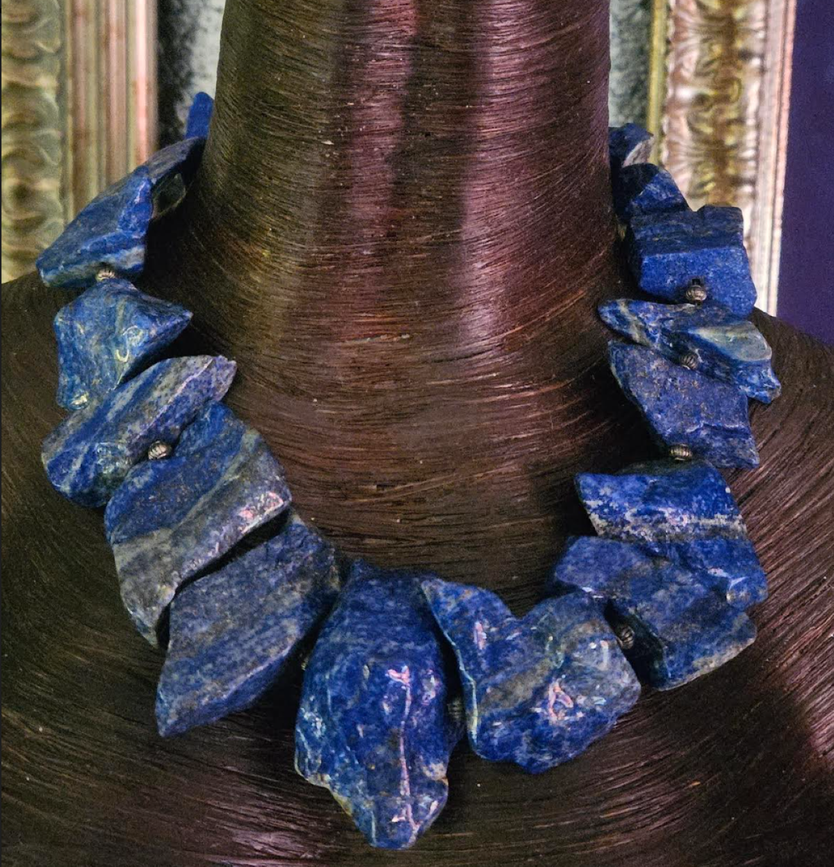 Lapis Lazuli Polished Nugget Collar, Blue Gray & Gold Asymmetric Stone Statement Necklace, Haute Couture Neck Candy