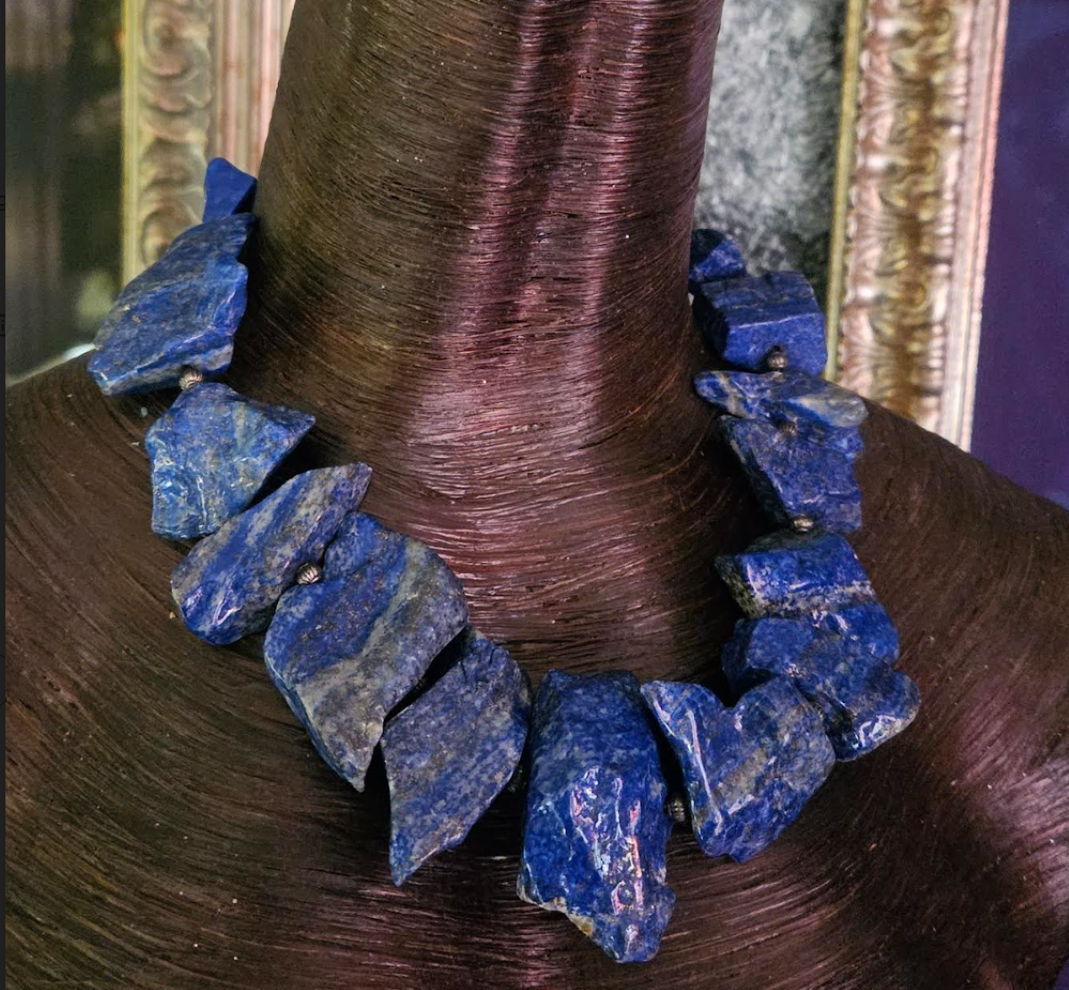 Lapis Lazuli Polished Nugget Collar, Blue Gray & Gold Asymmetric Stone Statement Necklace, Haute Couture Neck Candy