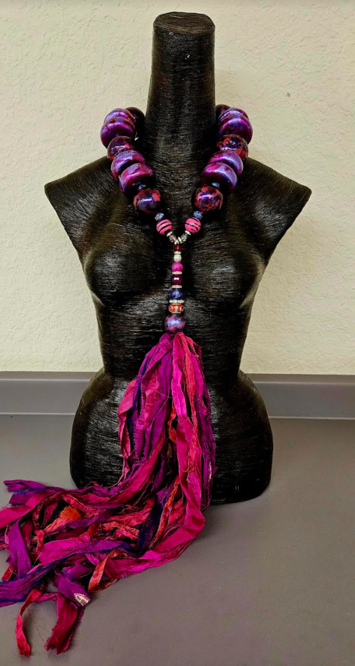 Sculpted Oversized Beaded Chest Piece with Sari Silk Ribbon Pendant, Neck Candy for Tall Women, Lagenlook Accessory