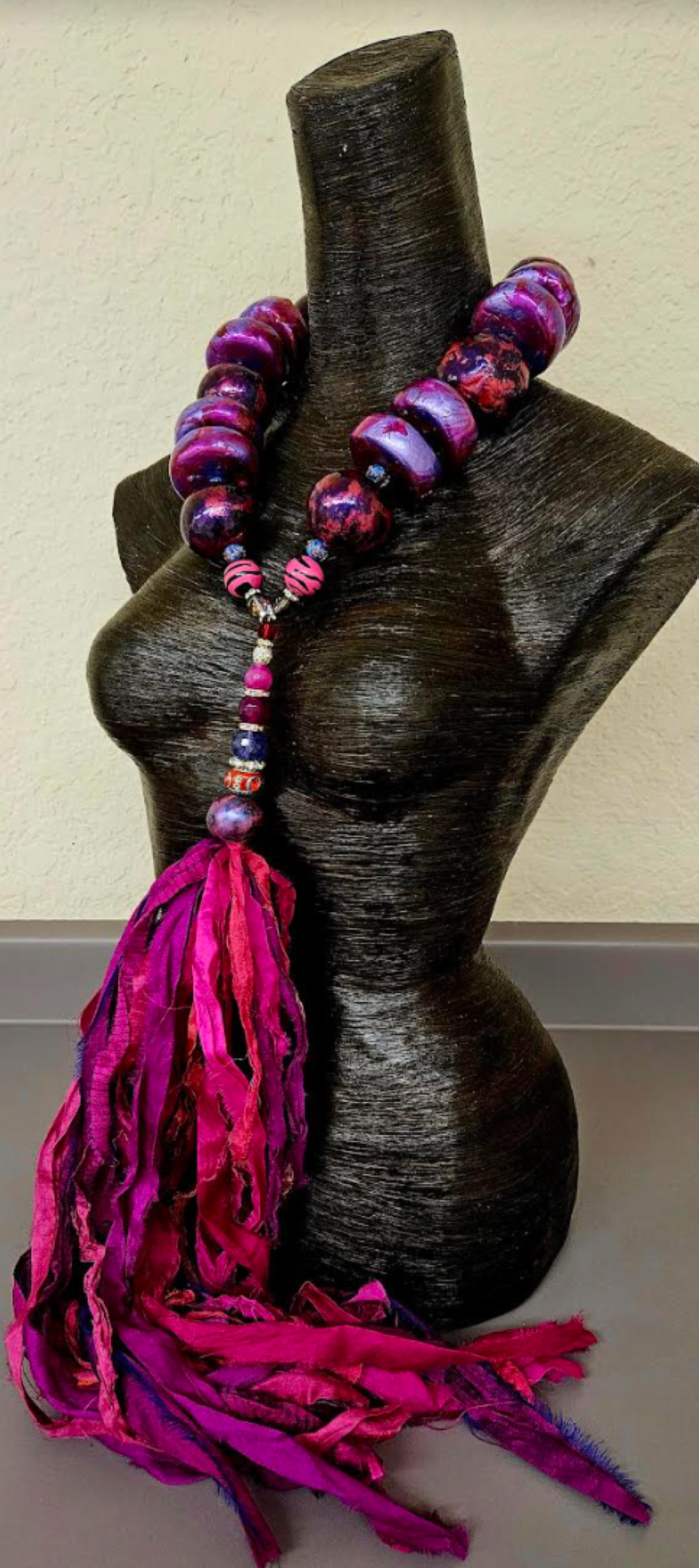 Sculpted Oversized Beaded Chest Piece with Sari Silk Ribbon Pendant, Neck Candy for Tall Women, Lagenlook Accessory