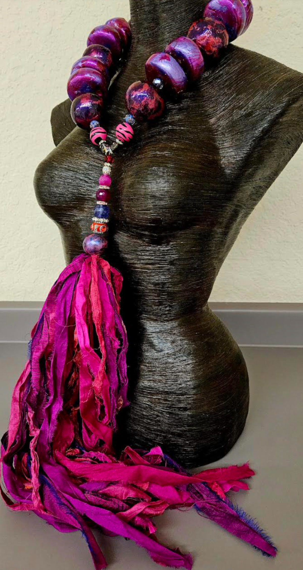 Sculpted Oversized Beaded Chest Piece with Sari Silk Ribbon Pendant, Neck Candy for Tall Women, Lagenlook Accessory