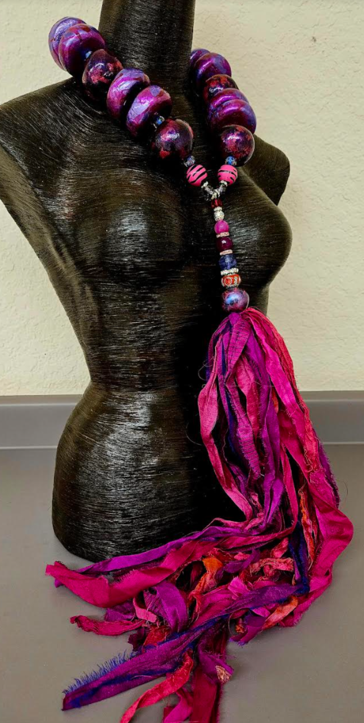 Sculpted Oversized Beaded Chest Piece with Sari Silk Ribbon Pendant, Neck Candy for Tall Women, Lagenlook Accessory