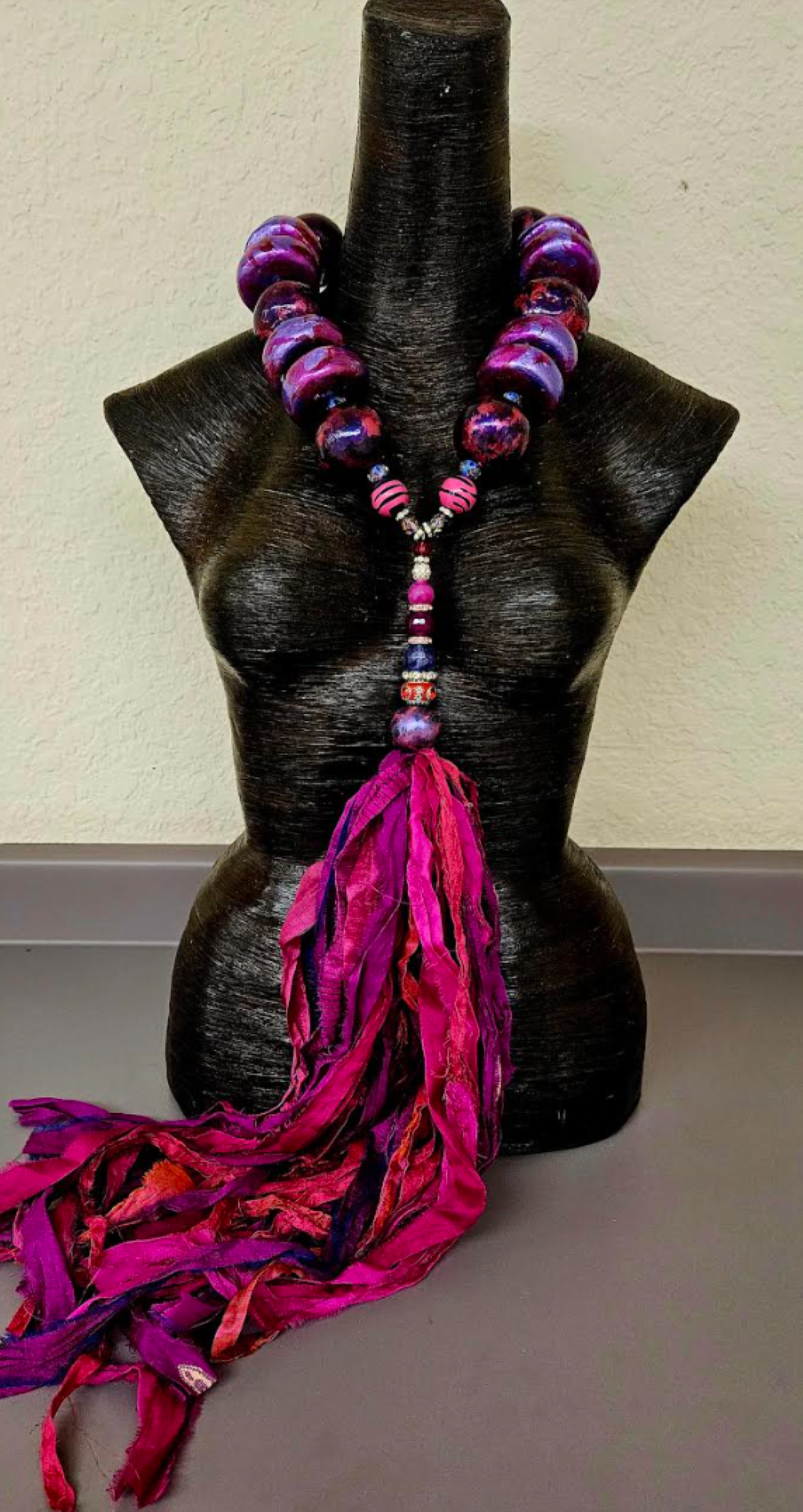 Sculpted Oversized Beaded Chest Piece with Sari Silk Ribbon Pendant, Neck Candy for Tall Women, Lagenlook Accessory