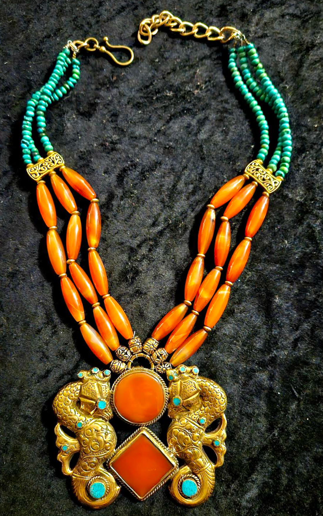 Double Brass Tibetan Seahorse & Gemstone Chest Piece - Unisex Orange Green Gold Beaded Chest Piece - Professional Setting Statement Necklace - Kat Kouture Jewelry