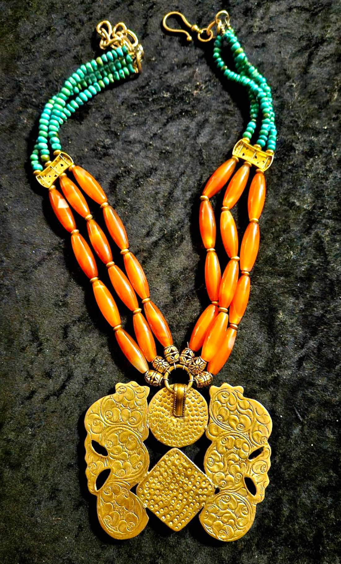 Double Brass Tibetan Seahorse & Gemstone Chest Piece - Unisex Orange Green Gold Beaded Chest Piece - Professional Setting Statement Necklace - Kat Kouture Jewelry