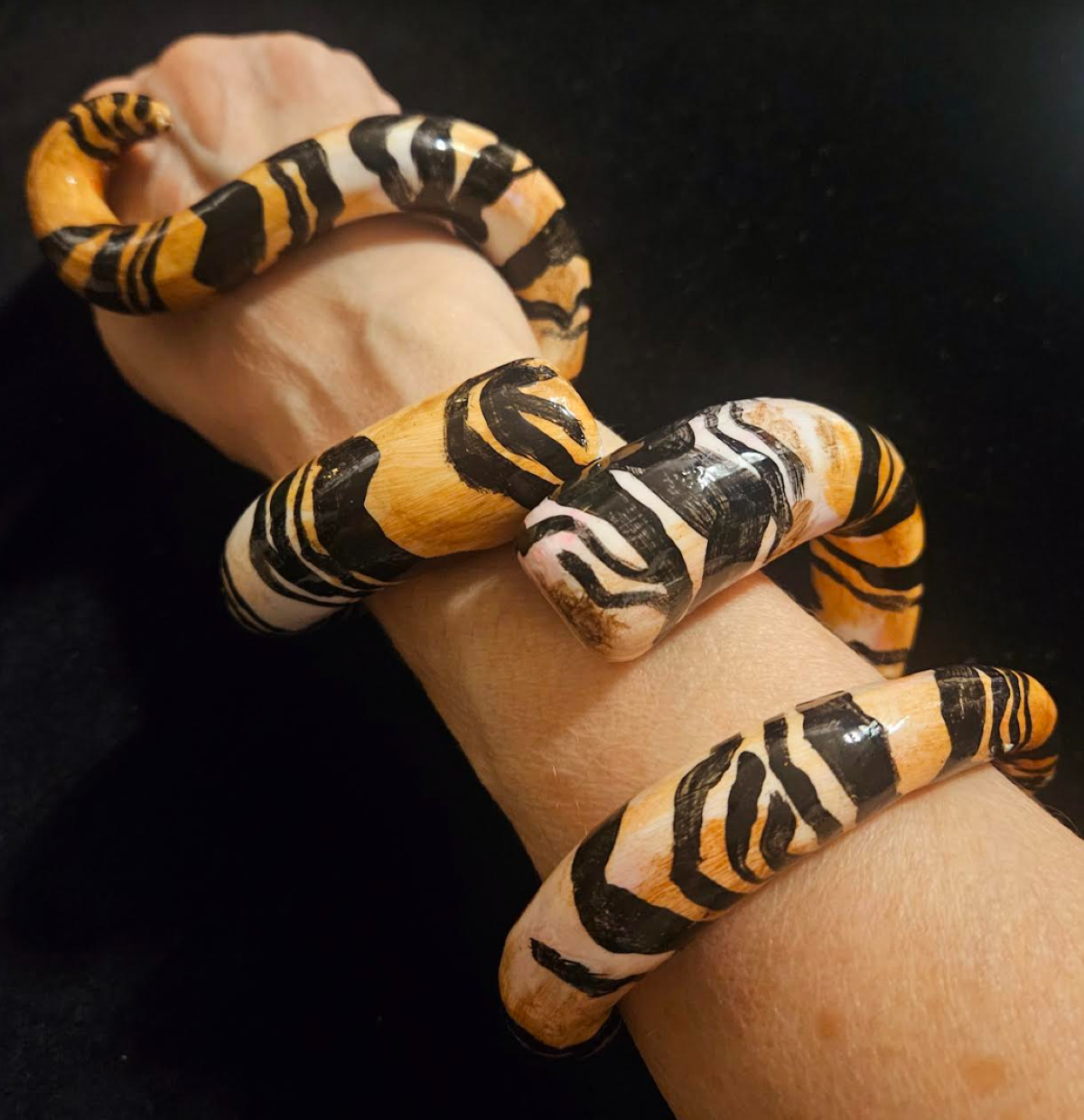 Hand Sculpted Animal Print Snake Cuff,  OOAK Artisan Haute Couture Bangle, Zebra or Tiger Print Bracelet