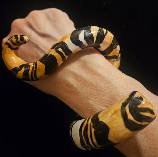 Hand Sculpted Animal Print Snake Cuff,  OOAK Artisan Haute Couture Bangle, Zebra or Tiger Print Bracelet