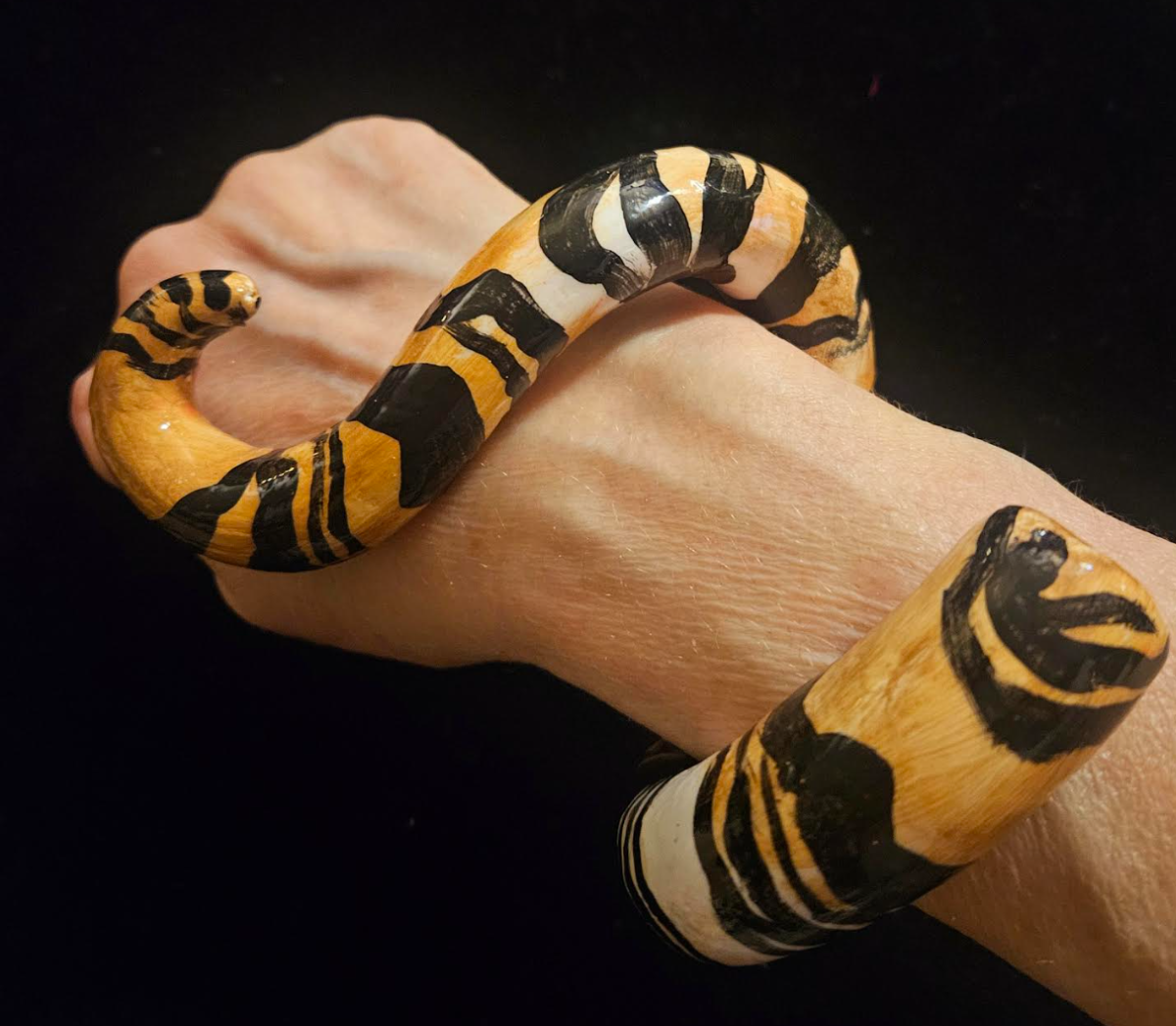 Hand Sculpted Animal Print Snake Cuff,  OOAK Artisan Haute Couture Bangle, Zebra or Tiger Print Bracelet