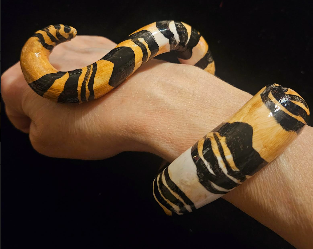 Hand Sculpted Animal Print Snake Cuff,  OOAK Artisan Haute Couture Bangle, Zebra or Tiger Print Bracelet