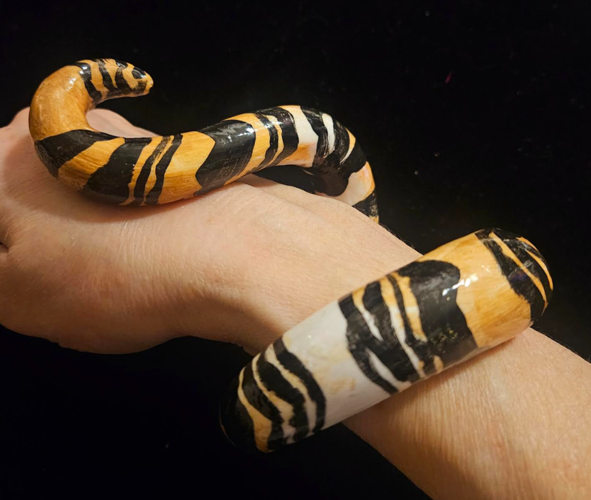 Hand Sculpted Animal Print Snake Cuff,  OOAK Artisan Haute Couture Bangle, Zebra or Tiger Print Bracelet