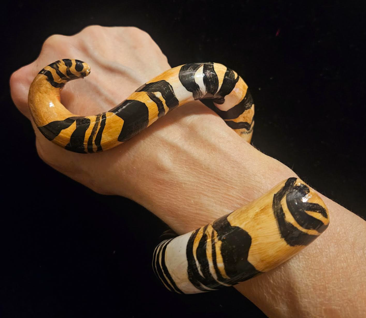 Hand Sculpted Animal Print Snake Cuff,  OOAK Artisan Haute Couture Bangle, Zebra or Tiger Print Bracelet