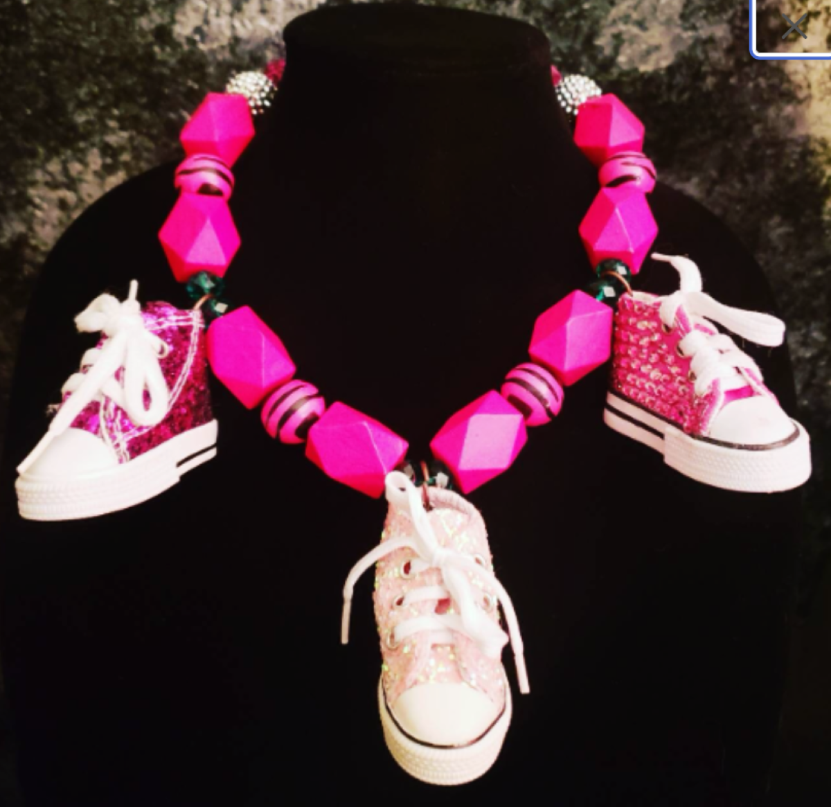 Hot Pink Wood Beaded Statement Necklace with Bling Tennis Sneakers - Whimsical Neck Candy for Women -  OOAK Wearable Art from Kat Kouture