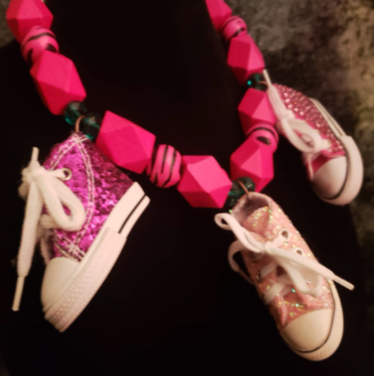 Hot Pink Wood Beaded Statement Necklace with Bling Tennis Sneakers - Whimsical Neck Candy for Women -  OOAK Wearable Art from Kat Kouture