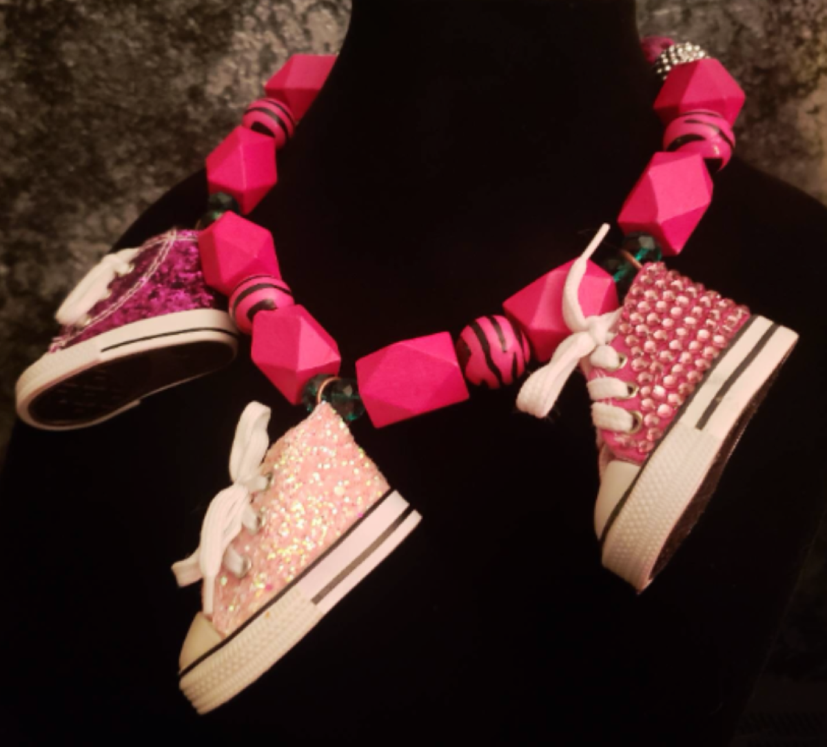 Hot Pink Wood Beaded Statement Necklace with Bling Tennis Sneakers - Whimsical Neck Candy for Women -  OOAK Wearable Art from Kat Kouture