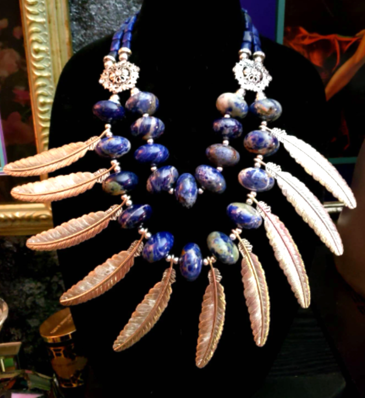 Sodalite Rondelle & Silver Tone Feather Bold Chest Piece, Blue and Silver Bib Statement Necklace, Wearable Art Kat Kouture
