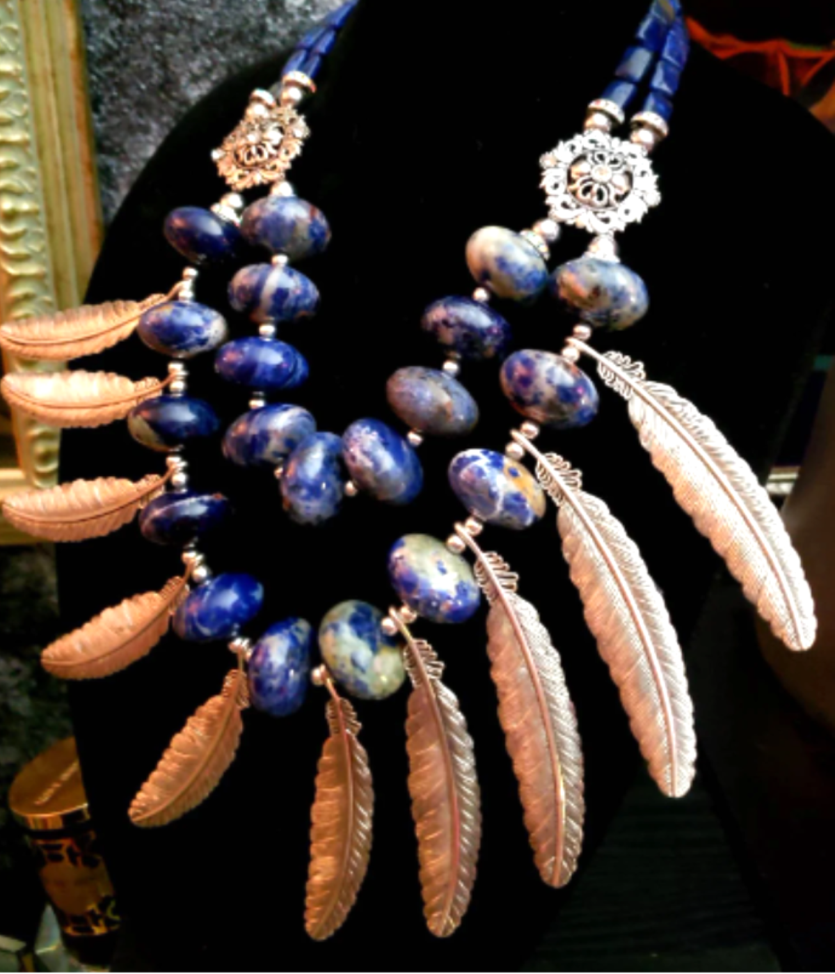 Sodalite Rondelle & Silver Tone Feather Bold Chest Piece, Blue and Silver Bib Statement Necklace, Wearable Art Kat Kouture