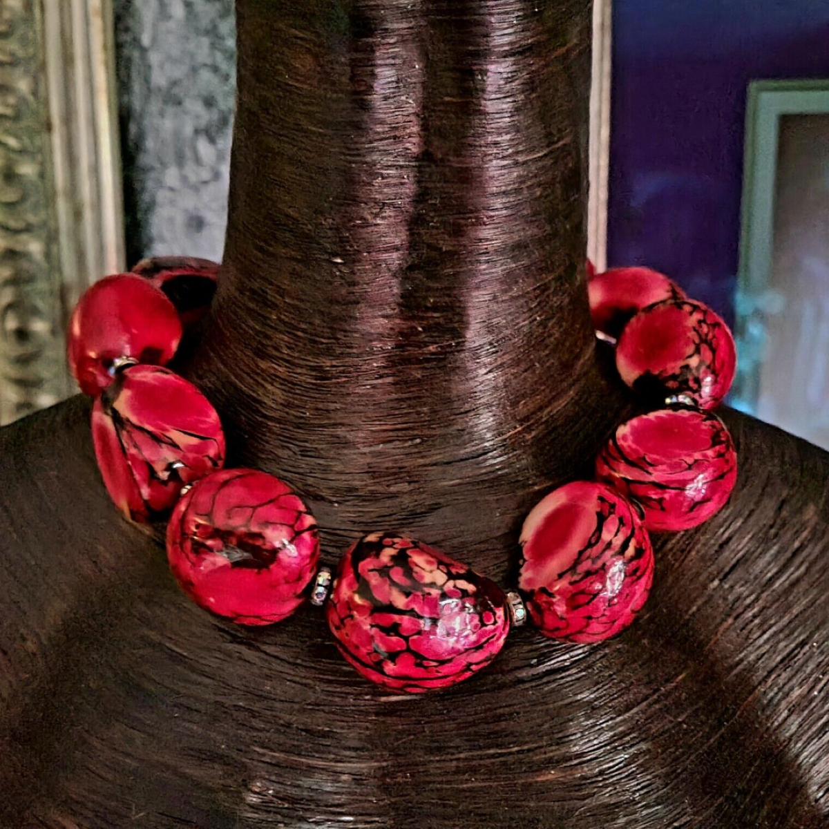 Oversized Pink Red Black Tagua Nut Statement Choker, Exotic Wild Seed Jewelry, Petite Women