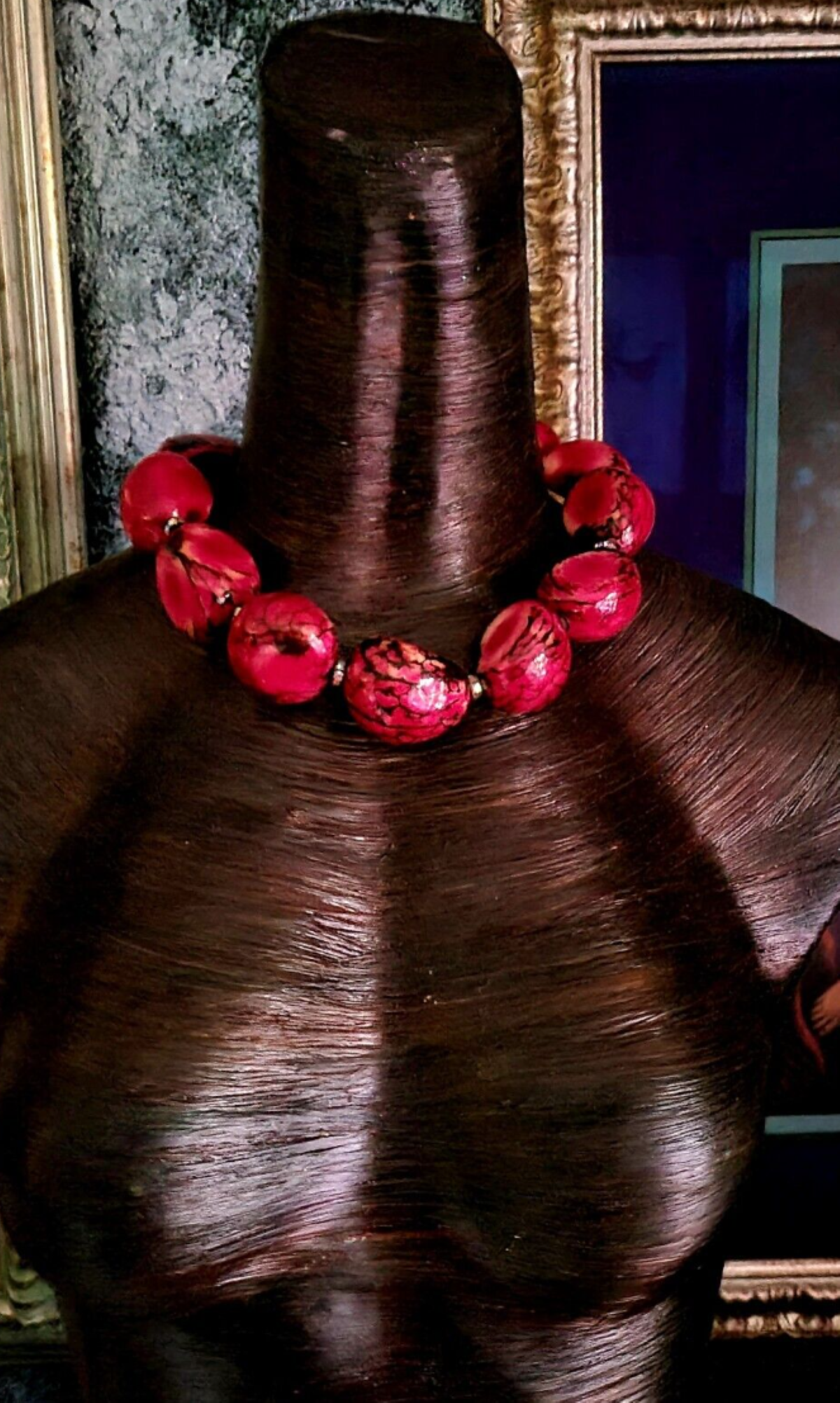 Oversized Pink Red Black Tagua Nut Statement Choker, Exotic Wild Seed Jewelry, Petite Women