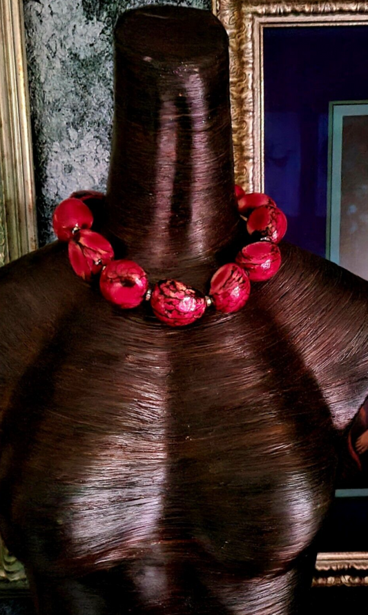 Oversized Pink, Red & Black Tagua Nut Statement Choker - Exotic Jewelry