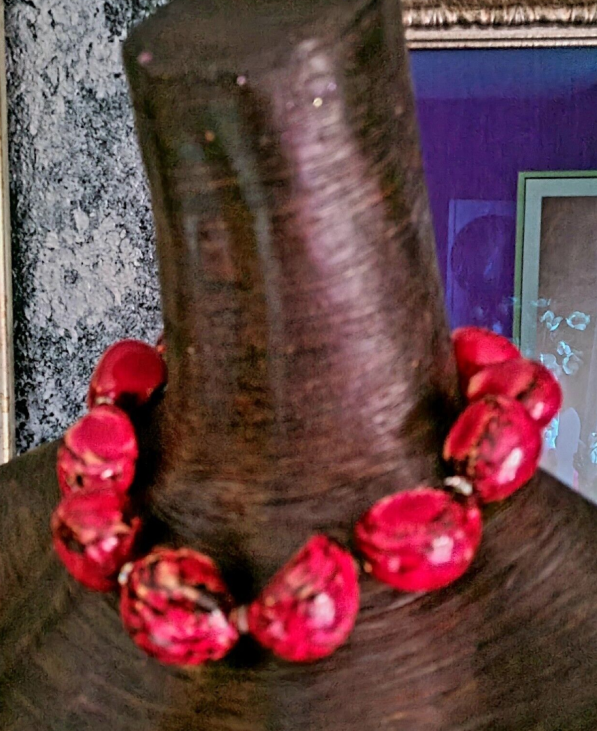 Oversized Pink Red Black Tagua Nut Statement Choker, Exotic Wild Seed Jewelry, Petite Women