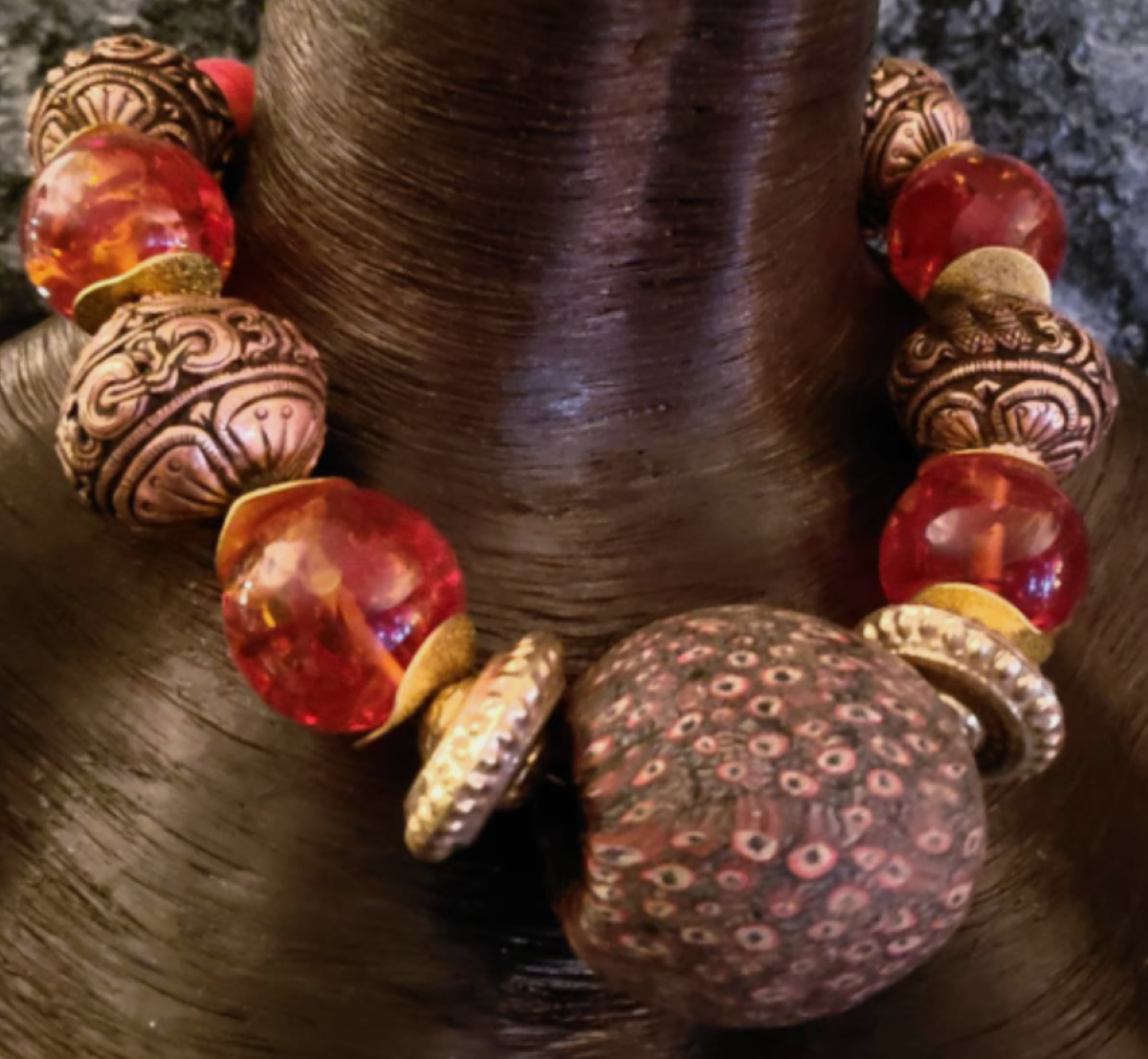 Very Rare Java Jatim Majapahit Millefiori Focal Beaded Statement Choker - Tibetan Resin & Copper Repousse Oversized Beaded Necklace - Ancient Java Indonesia Beaded Choker -Kat Kouture Jewelry