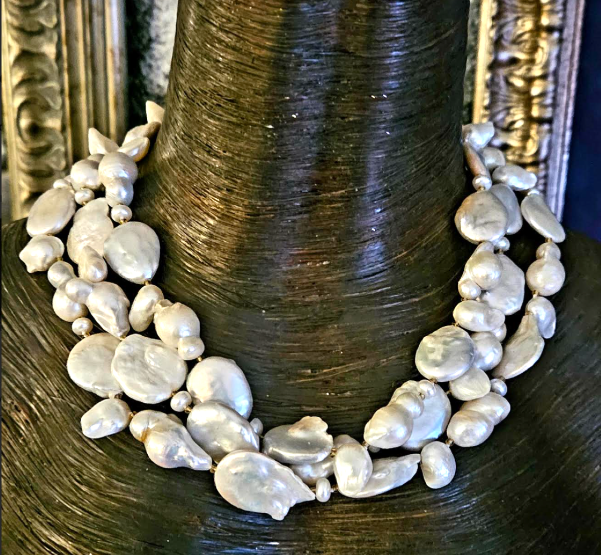 Triple Strand Baroque Freshwater Pearl Statement Necklace, Elegant Rich Neck Candy, Socialite Jewelry