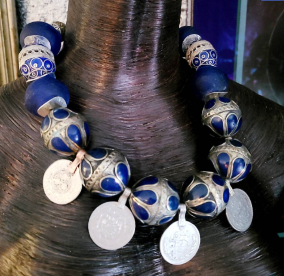 Huge Turkmen Beaded Statement Necklace with Kuchi Coins - Belly Dancer Tribal Neck Candy - Blue and Silver Ethnic Haute Couture Choker - Kat Kouture Jewelry