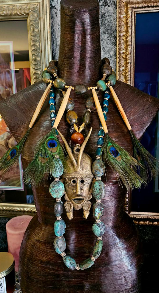 African Brass Mask Peacock Feather & Turquoise Unisex Chest Piece - Runway Ready Statement Necklace - Kat Kouture Jewelry