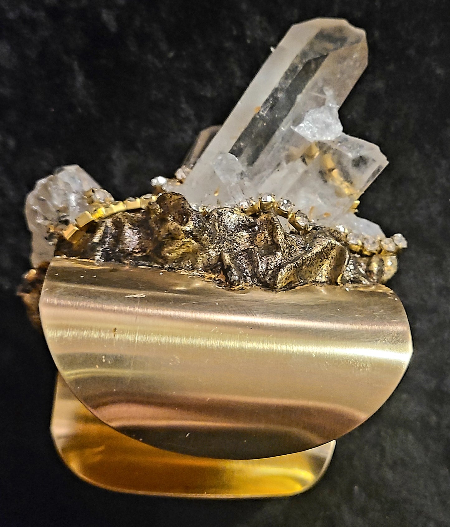 Rhinestone Quartz Wide Over the Top Statement Cuff for Women, Sexy Wide Gemstone Gold Bauble, Crystal Wrist Bracelet