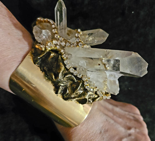 Rhinestone Quartz Wide Over the Top Statement Cuff for Women, Sexy Wide Gemstone Gold Bauble, Crystal Wrist Bracelet