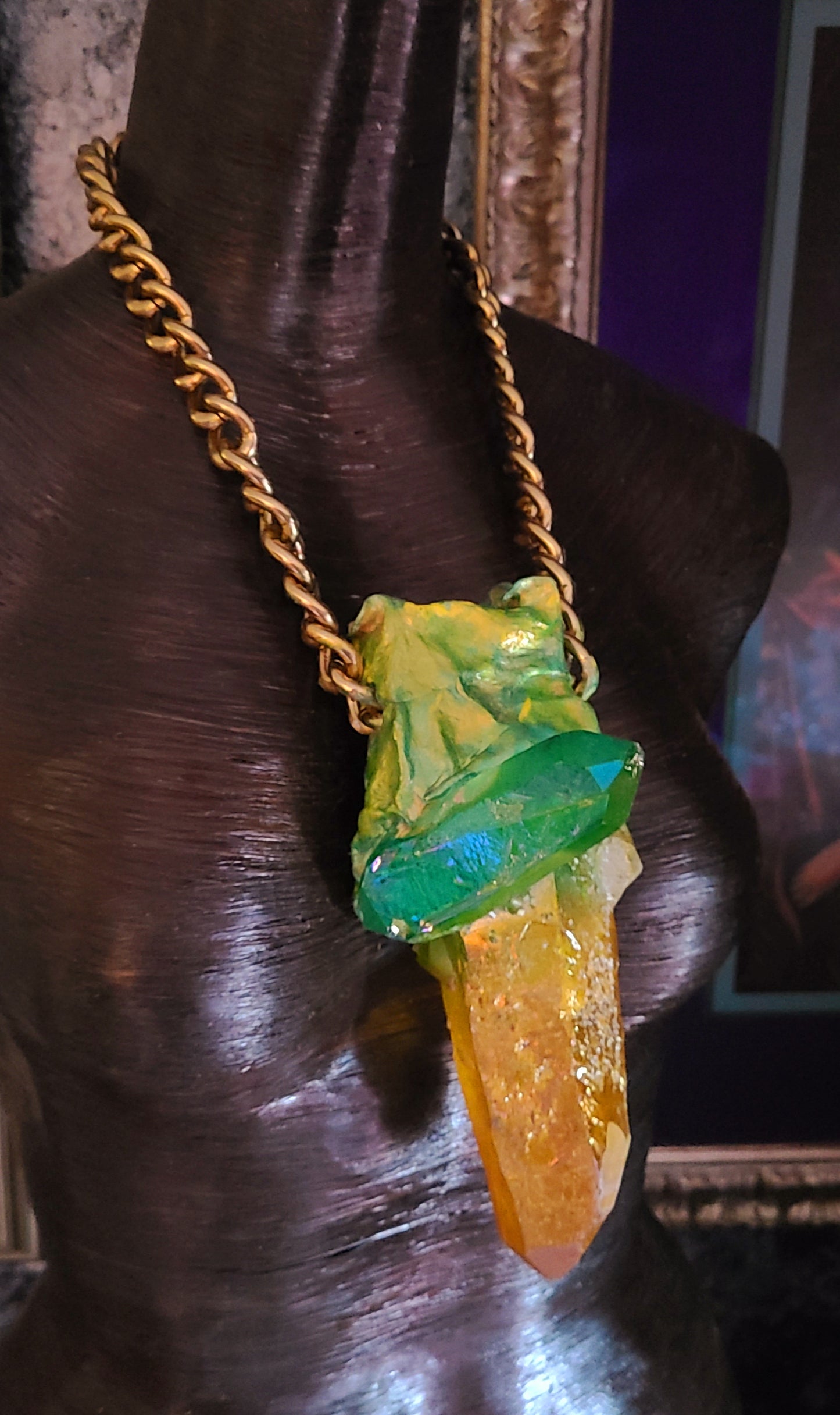 Yellow Green Rough Raw Quart Gemstone Sculpted Statement Pendant Unisex