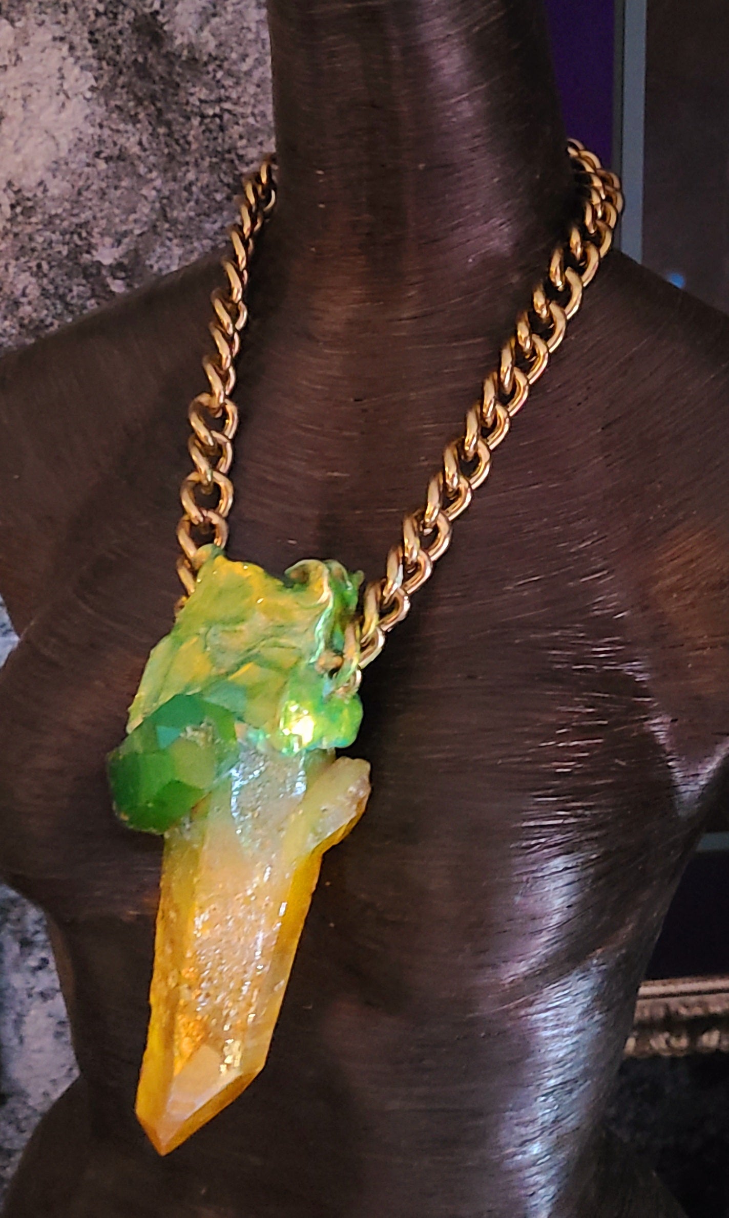 Yellow Green Rough Raw Quart Gemstone Sculpted Statement Pendant Unisex