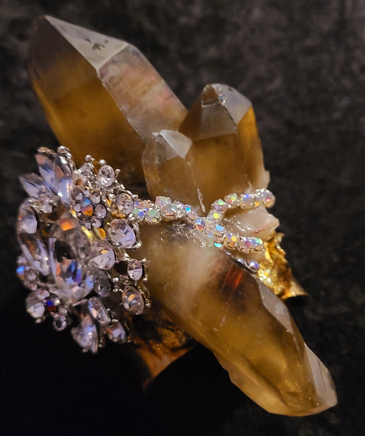 Gemmy Smoky Citrine & Rhinestone Jewel Statement Cuff, High Glamour Wrist Bauble, Showstopper Artisan Jewelry