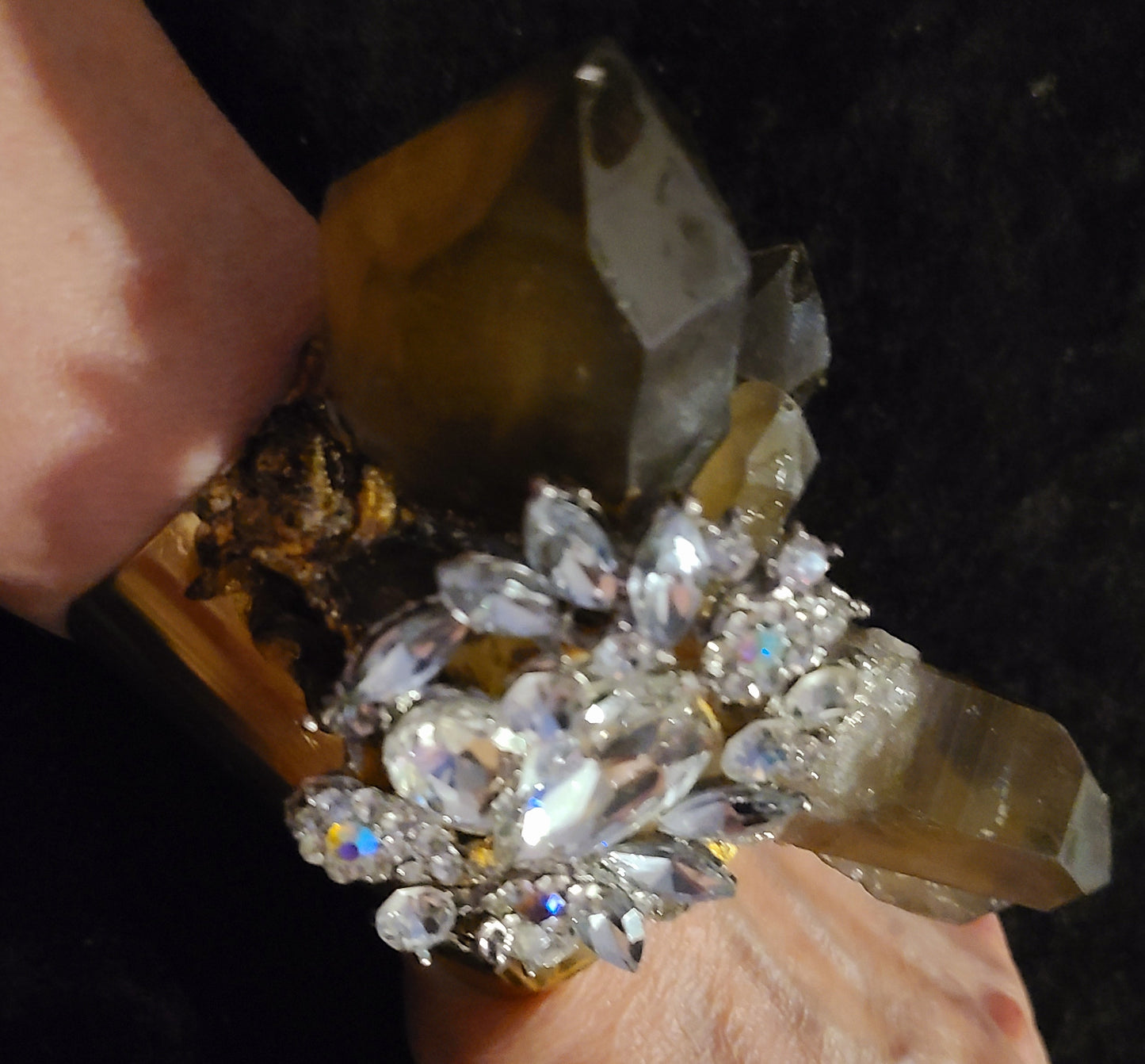 Gemmy Smoky Citrine & Rhinestone Jewel Statement Cuff, High Glamour Wrist Bauble, Showstopper Artisan Jewelry