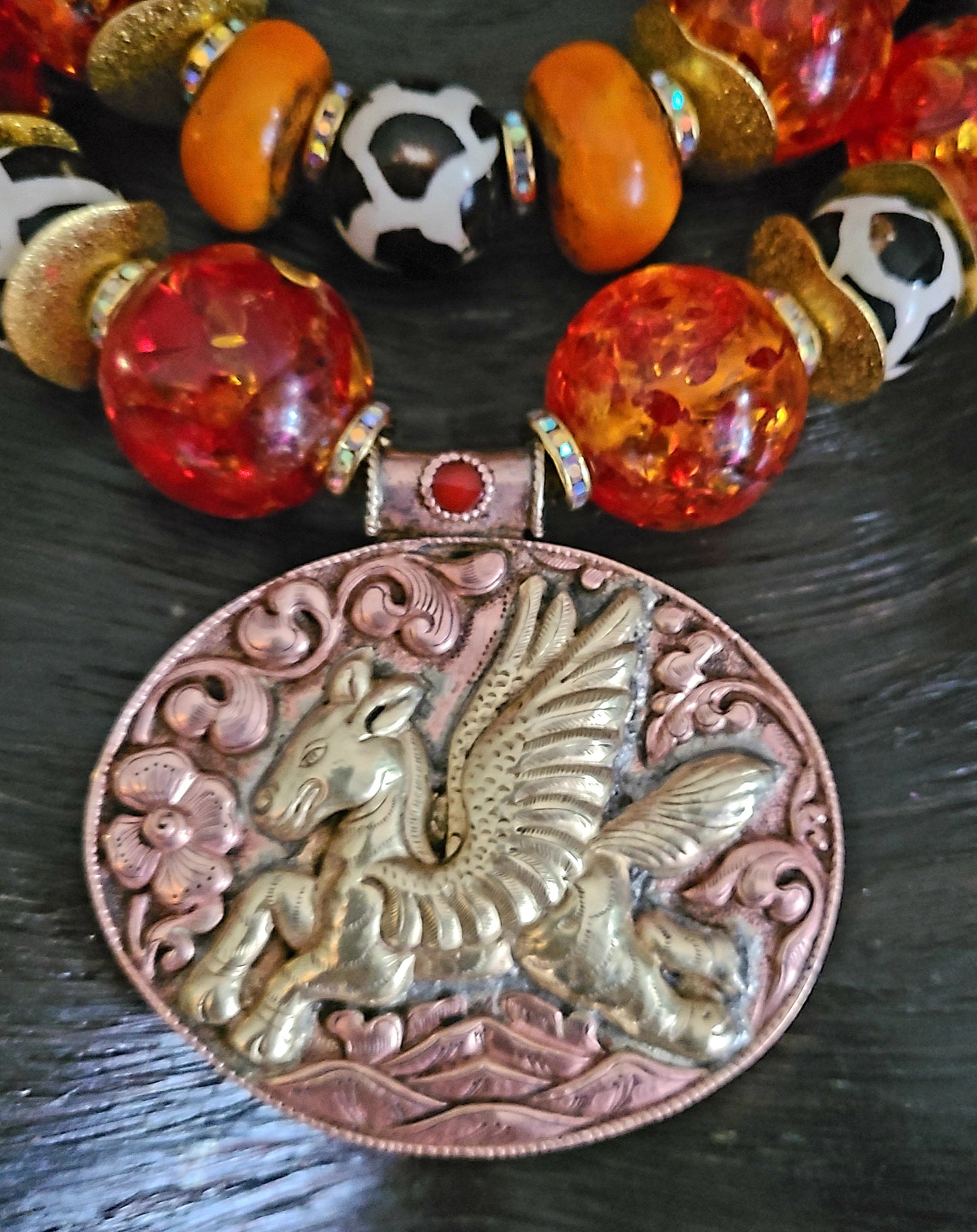 Faux Amber Tribal Beaded Statement Necklace With Tibetan Brass Repousse Pegasus Pendant