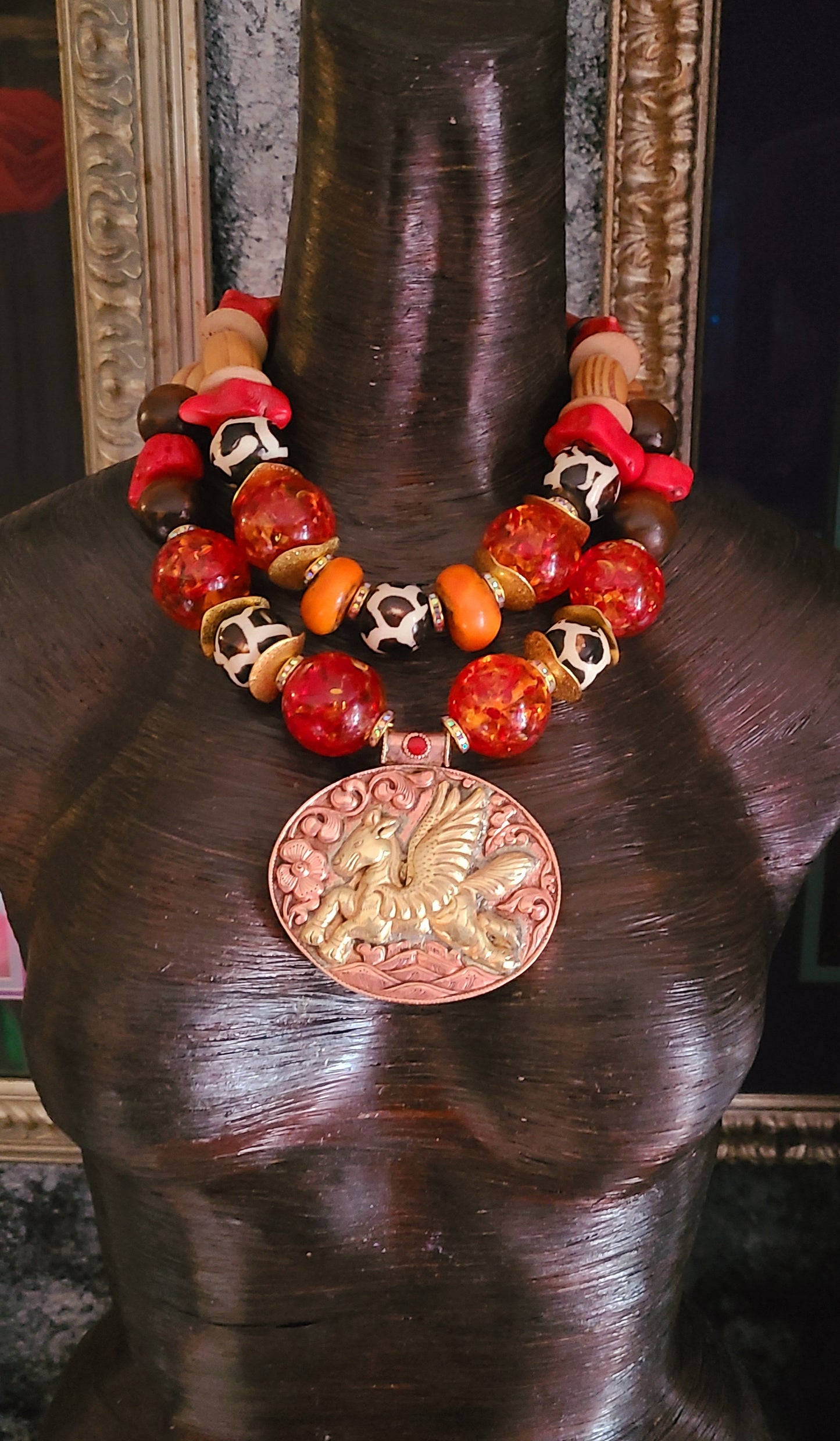 Faux Amber Tribal Beaded Statement Necklace With Tibetan Brass Repousse Pegasus Pendant