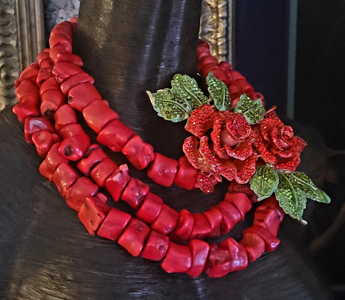 Triple Strand Red Coral Nugget Statement Necklace with Detachable Rhinestone Rose Brooch