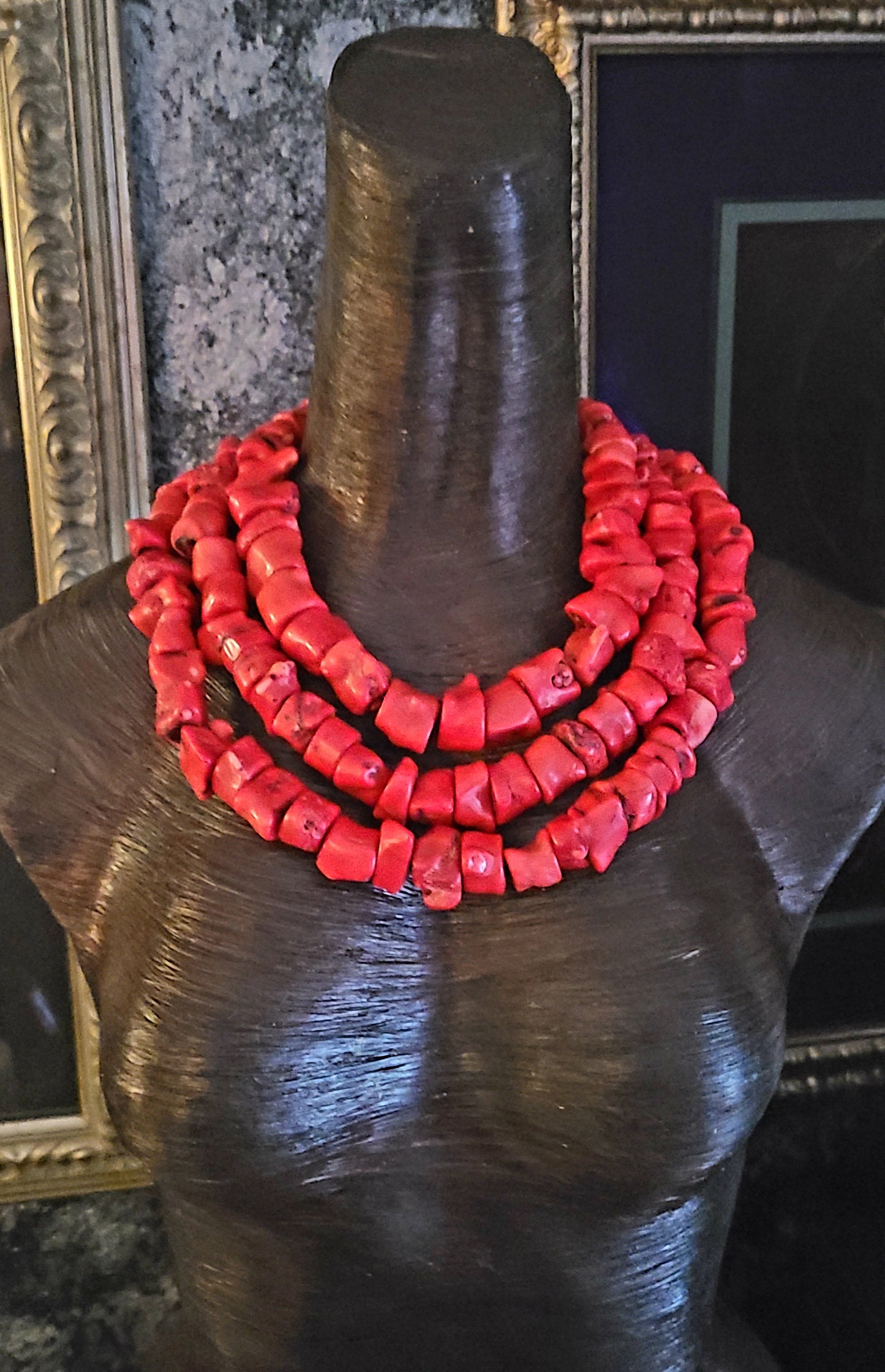 Triple Strand Red Coral Nugget Statement Necklace with Detachable Rhinestone Rose Brooch