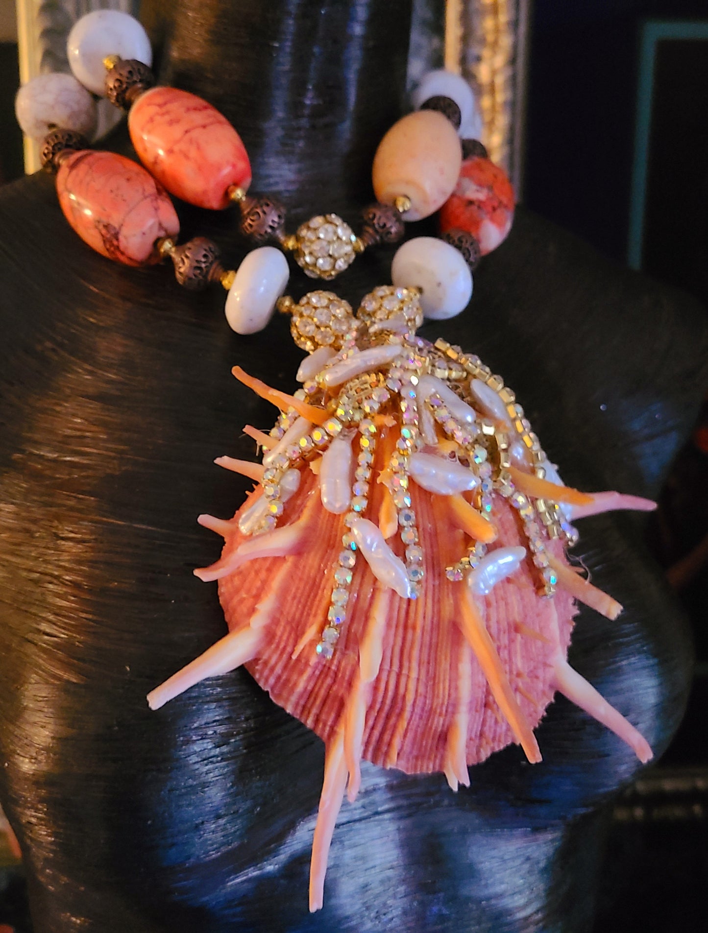 Gaudy Bejeweled Spiny Oyster Shell Pendant On Big Beaded Necklace, Haute Couture, Runway Ready