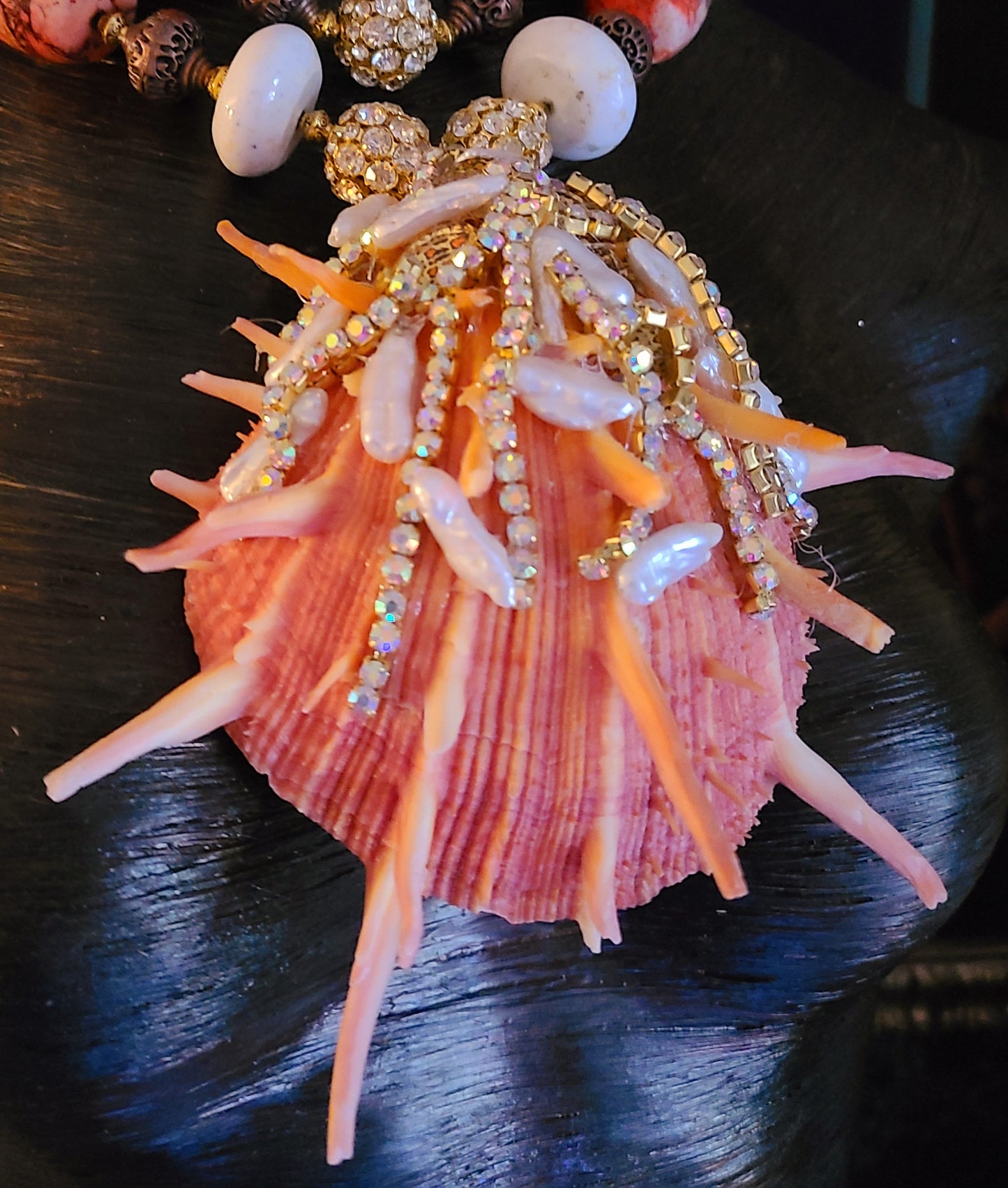 Gaudy Bejeweled Spiny Oyster Shell Pendant On Big Beaded Necklace, Haute Couture, Runway Ready