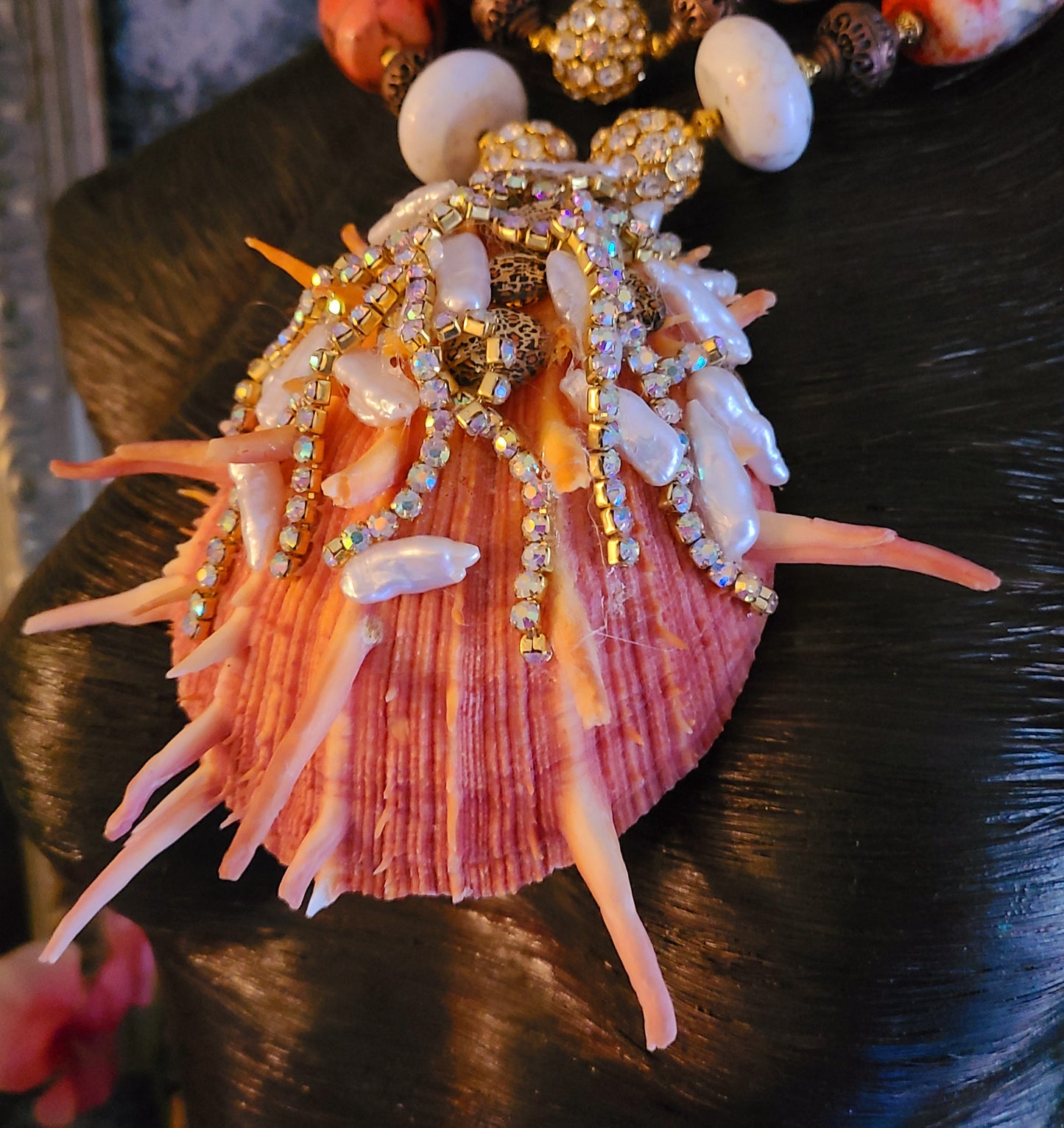 Gaudy Bejeweled Spiny Oyster Shell Pendant On Big Beaded Necklace, Haute Couture, Runway Ready