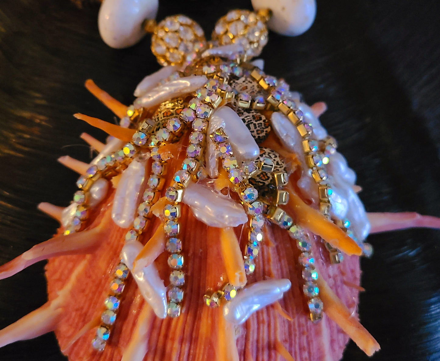 Gaudy Bejeweled Spiny Oyster Shell Pendant On Big Beaded Necklace, Haute Couture, Runway Ready