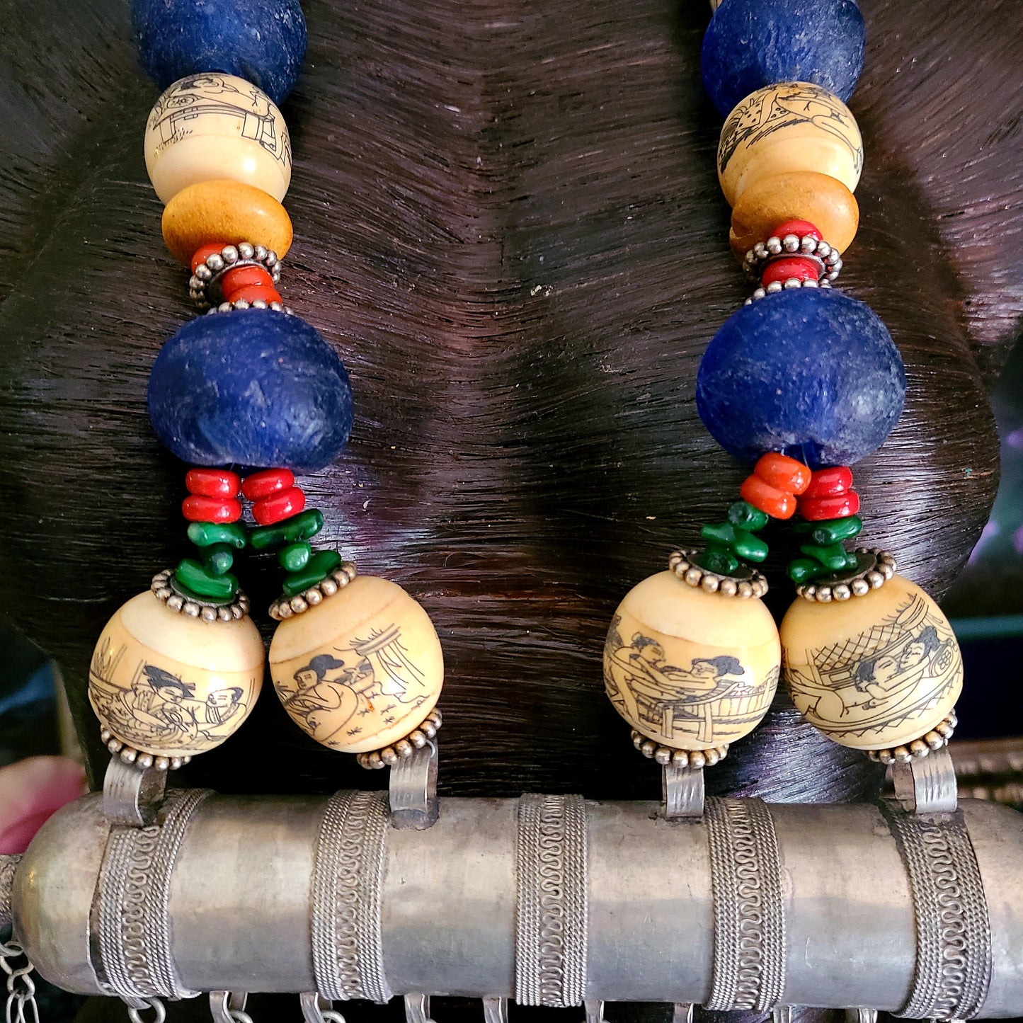 Exotic Tribal Turkmen Chest Piece, Ethnic Amulet Cylinder Statement Pendant, Scrimshaw Beads