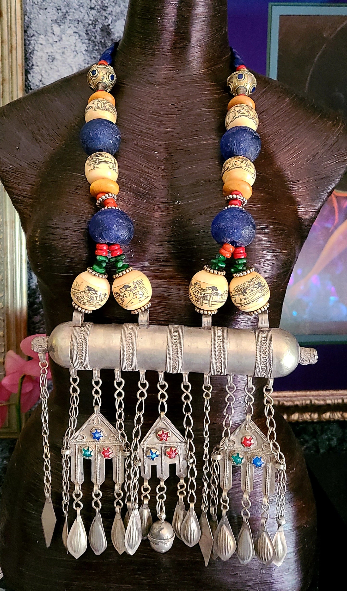 Exotic Tribal Turkmen Chest Piece, Ethnic Amulet Cylinder Statement Pendant, Scrimshaw Beads