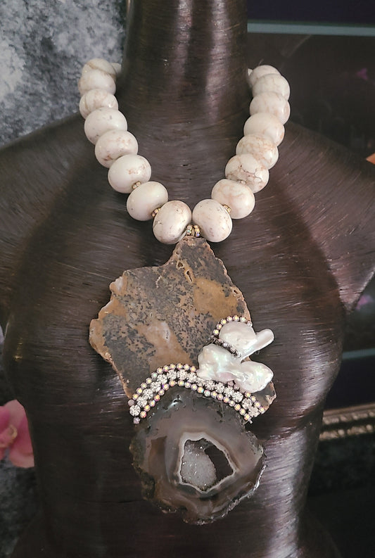Earthtone Slab Pearl & Gemstone Beaded Chest Piece, Exotic Wild Cheetah Jasper Slab Pendant, OOAK Artisan Jewelry