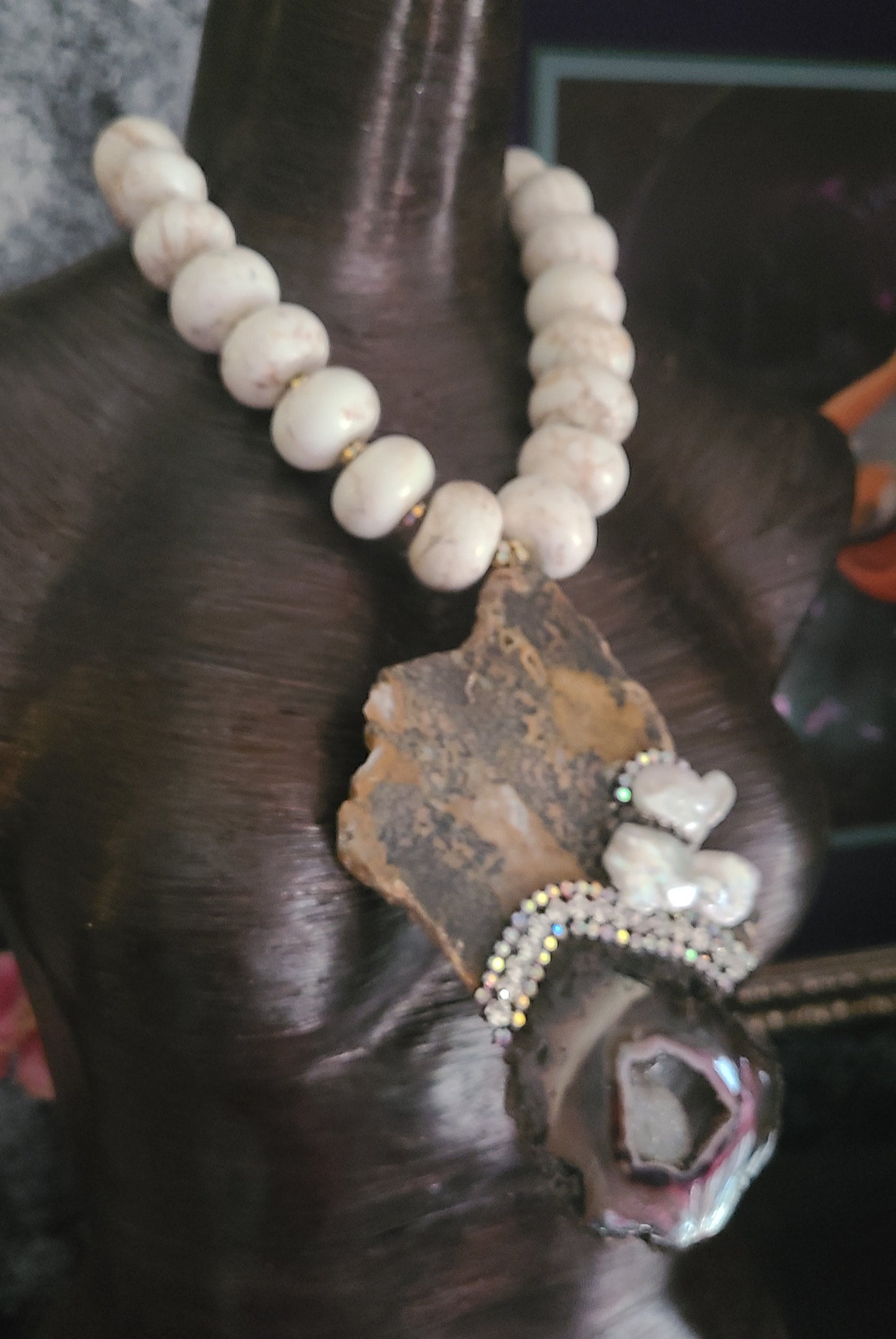 Earthtone Slab Pearl & Gemstone Beaded Chest Piece, Exotic Wild Cheetah Jasper Slab Pendant, OOAK Artisan Jewelry