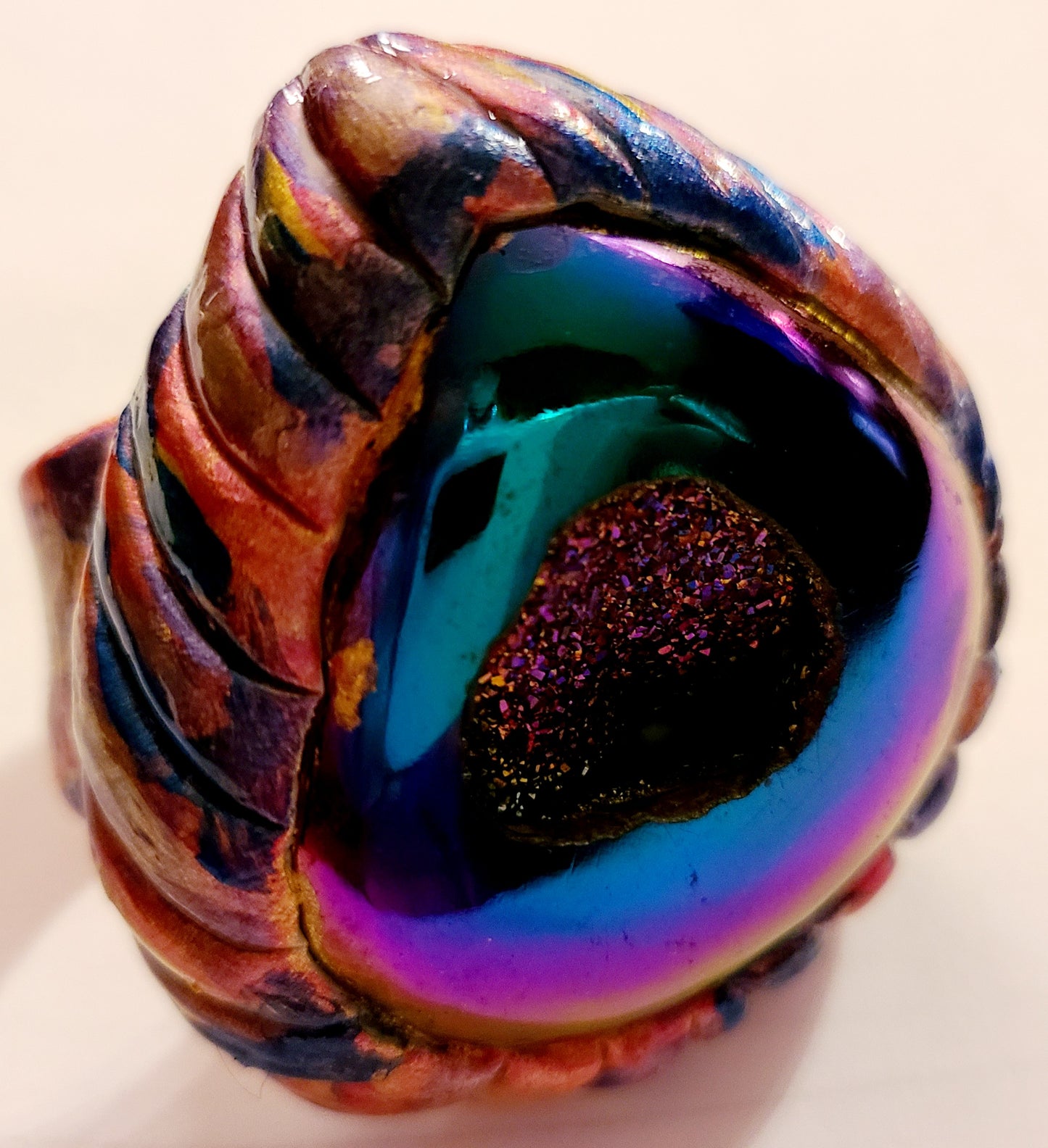 Two Finger Sculpted Blue Purple Titanium Quartz Druzy Statement Ring