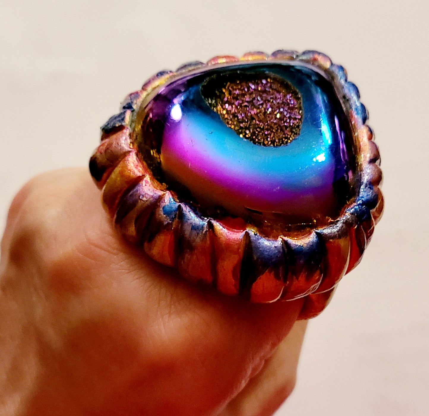 Two Finger Sculpted Blue Purple Titanium Quartz Druzy Statement Ring