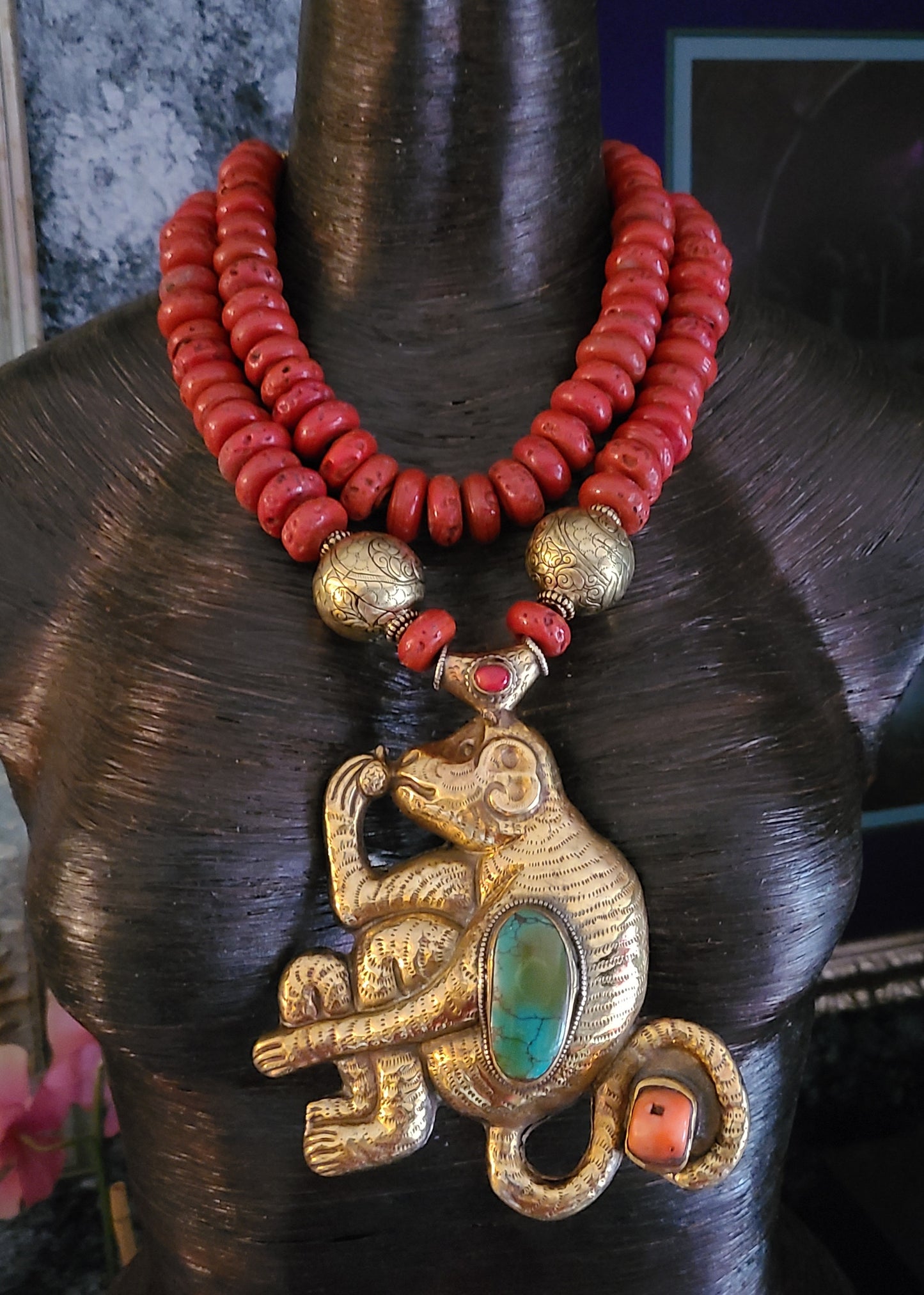 Red Glass Sherpa Beaded Tribal Necklace, Tibetan Brass Repousse Monkey Statement Pendant, Unisex Ethnic Neck Piece