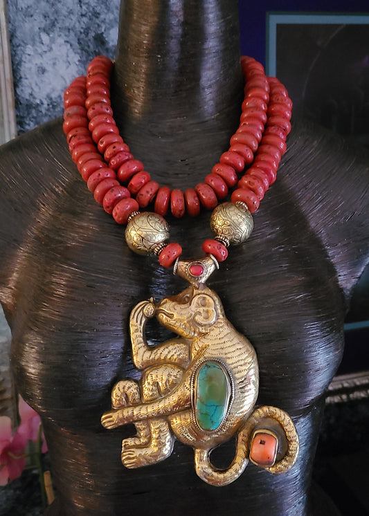 Red Glass Sherpa Beaded Tribal Necklace, Tibetan Brass Repousse Monkey Statement Pendant, Unisex Ethnic Neck Piece